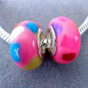 Pink Mosaic Glass Spacer Bead Set 2pc Colorful fits PANDORA